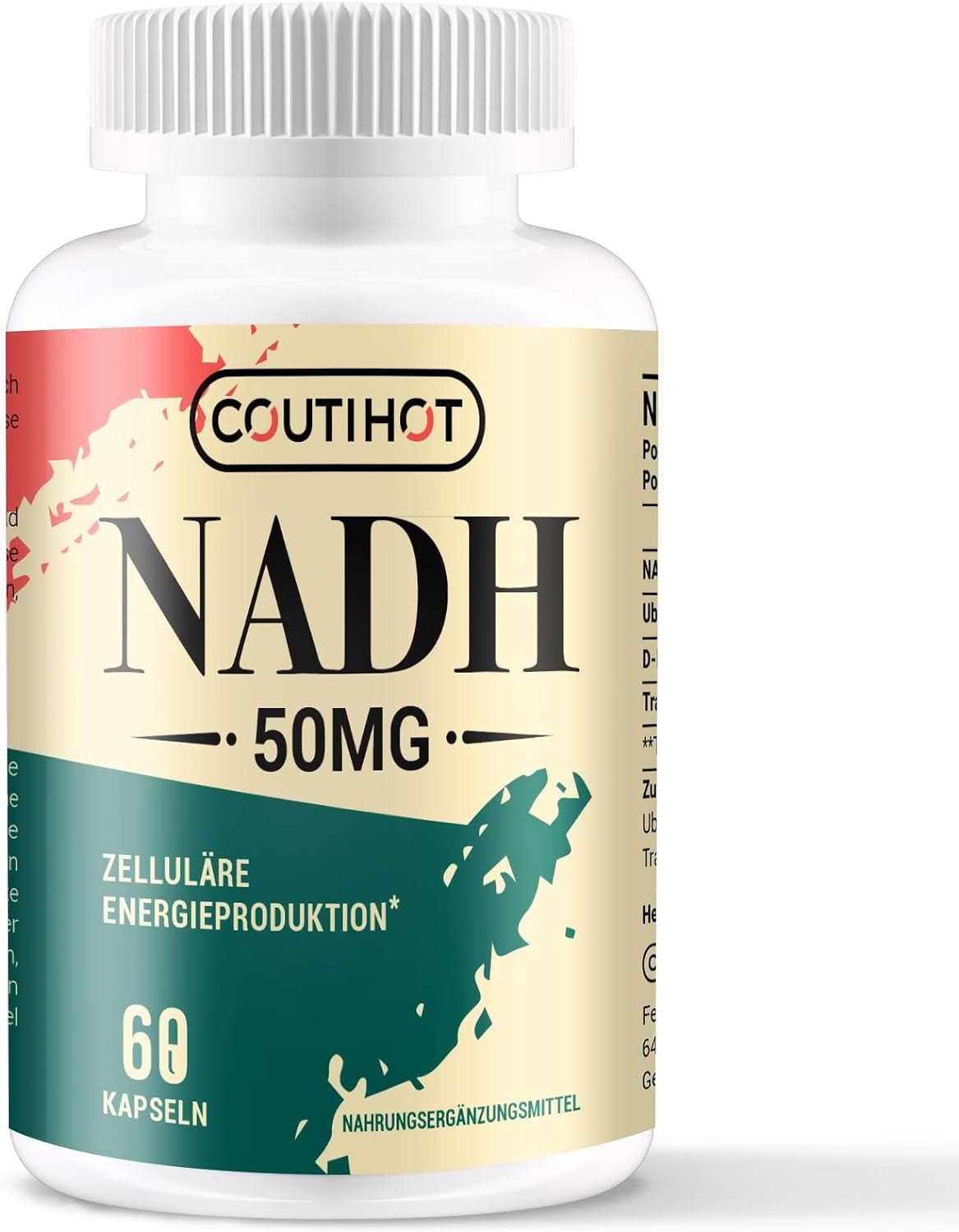 Produktbild von Bewertung COUTIHOT NADH Kapseln 50mg hochdosiert für AntiAging Longevity mit CoQ10 200mg D-Ribose 150mg Aktives Vitamin B3 Energie GVO-frei Glutenfrei 60 Kapseln