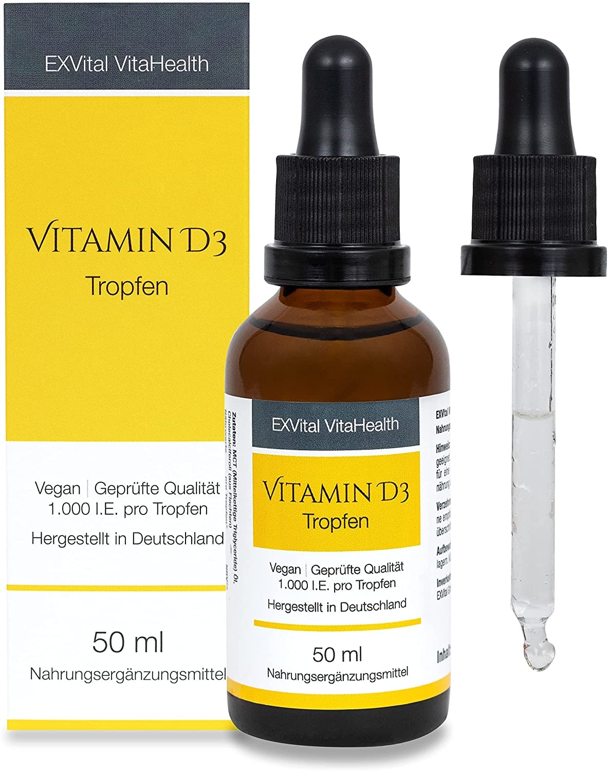 Produktbild von Bewertung EXVital VitaHealth Vitamin D3 25 μg pro Tropfen Laborgeprüft 50ml In MCT-Öl aus Kokos Hochdosiert & in Premiumqualität, vegan. Mit K2 kombinierbar