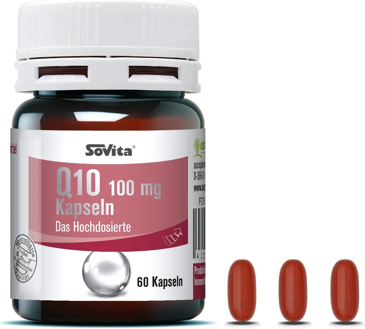 Produktbild von Ascopharm - Sovita Q10 100 mg Kapseln, Coenzym Q10, Q10 Kapseln hochdosiert, 60 Kapseln