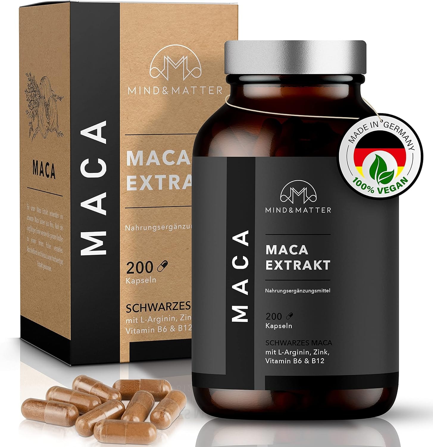 Produktbild von Bewertung MIND&MATTER Maca Kapseln HOCHDOSIERT schwarzer Maca Extrakt 20:1 entspricht 24.000mg Pulver pro Tagesdosis OPTIMIERT mit L-Arginin Zink B6 B12 200 laborgeprüfte VEGAN ohne Zusätze MADE IN DE