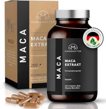 Produktbild von Bewertung MIND&MATTER Maca Kapseln HOCHDOSIERT schwarzer Maca Extrakt 20:1 entspricht 24.000mg Pulver pro Tagesdosis OPTIMIERT mit L-Arginin Zink B6 B12 200 laborgeprüfte VEGAN ohne Zusätze MADE IN DE
