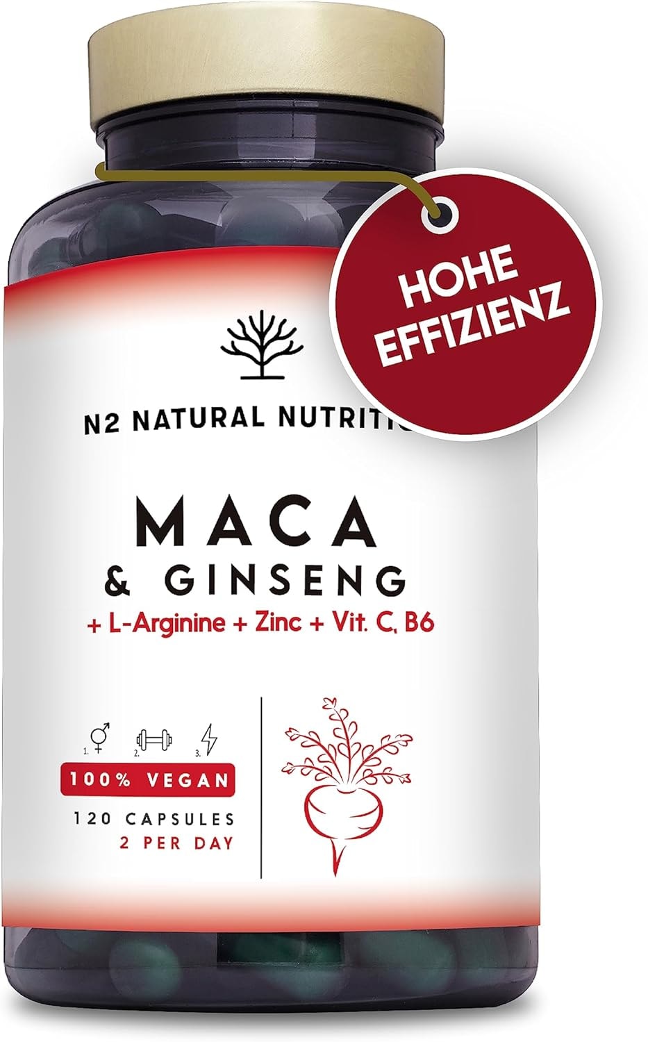 Produktbild von Bewertung N2 NATURAL NUTRITION  Maca Kapseln1500 mg L-Arginin Vitamin C Ginseng Vitamin B 120 Kapseln 60 Tage Stärkend Stressabbauend Energie Stärkt Ihr Immunsystem N2 Natural Nutrition