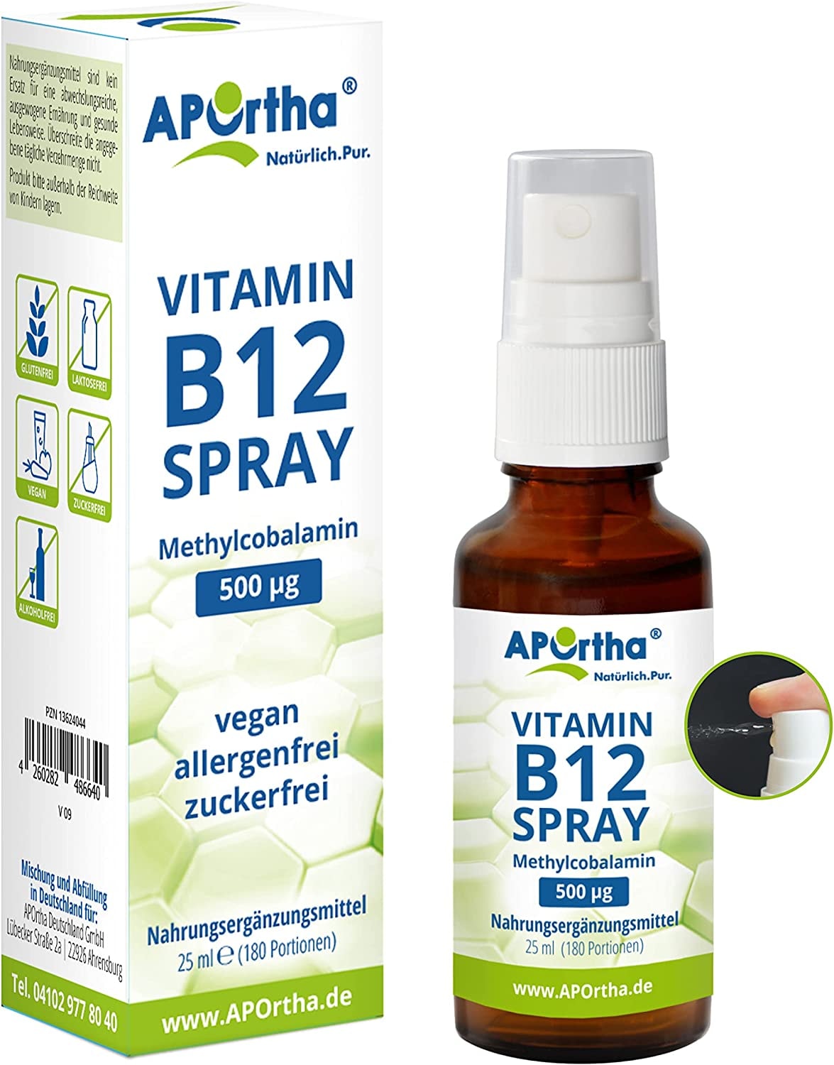 Produktbild von Bewertung APOrtha Vitamin B12 Spray B12 ergiebig mit bis zu 180 Anwendungen 500 µg Methylcobalamin B12 vegan B12 Vitamin Mundspray mit B12 hochdosiert