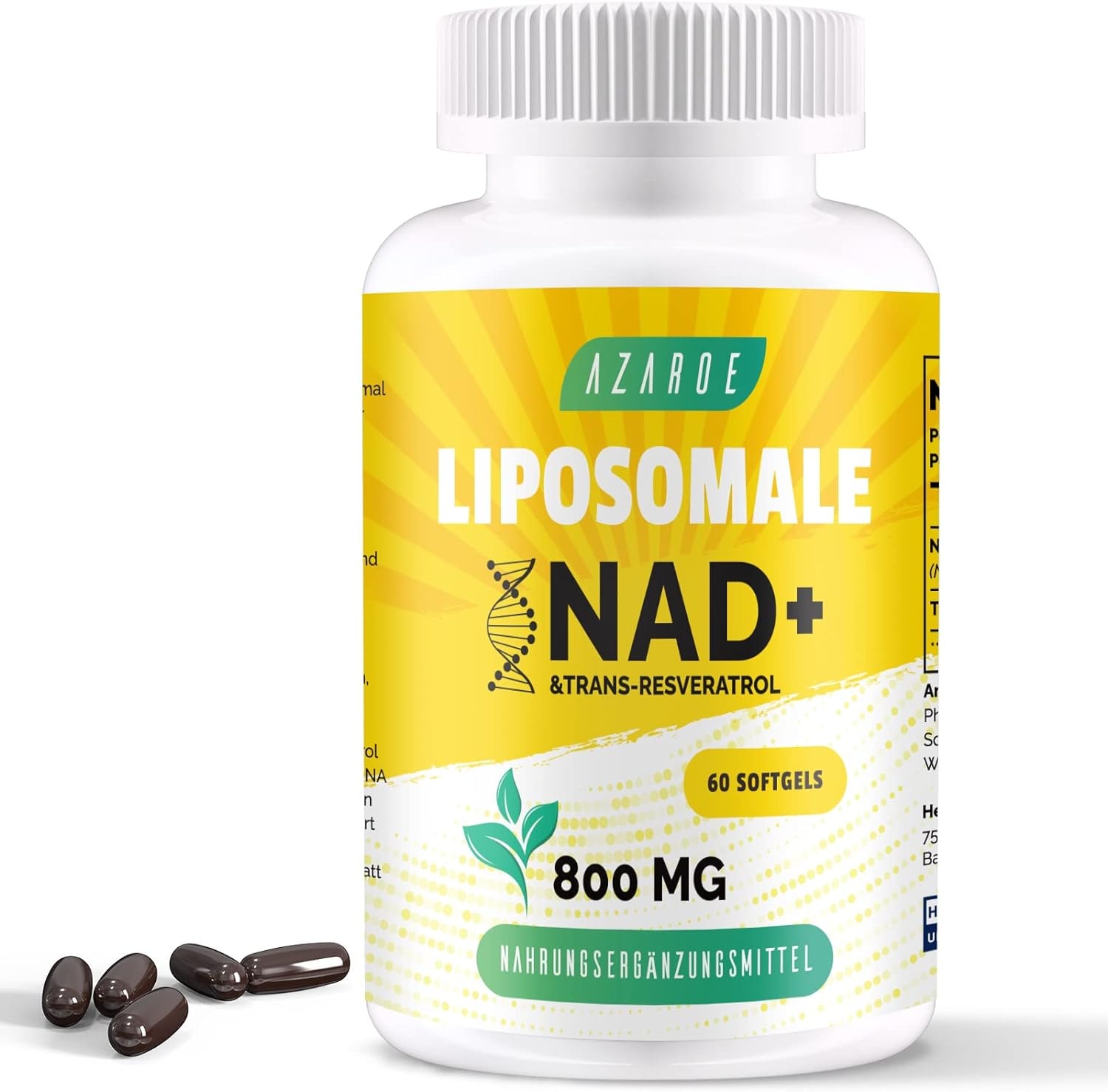 Produktbild von Bewertung AZAROE Liposomales NAD+ Trans-Resveratrol 800 mg Softgels überlegene Alternative Effizienter als NR Hohe Absorption Tatsächliche NAD+-Ergänzung für die Zellreparatur 60 Softgels