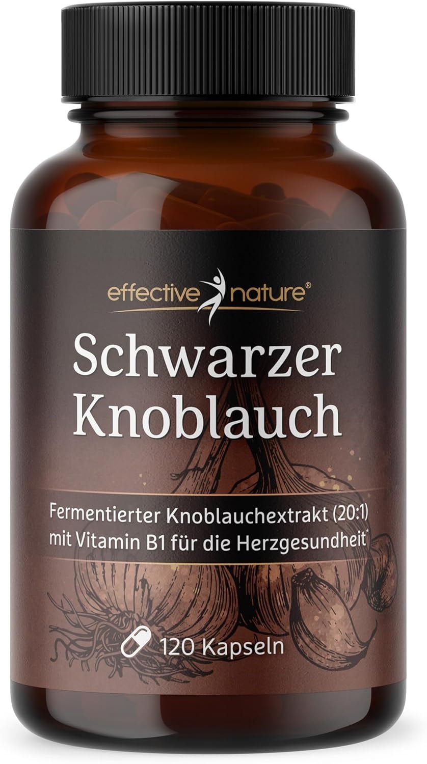 Produktbild von Bewertung effective nature Schwarzer Knoblauch mit Vitamin B1 und B12 Kapseln 120 Stück hochdosiert mit 400 mg Black Garlic & 1000 mcg S-Allylcystein Fermentierter Knoblauchextrakt Vegan und geruchlos