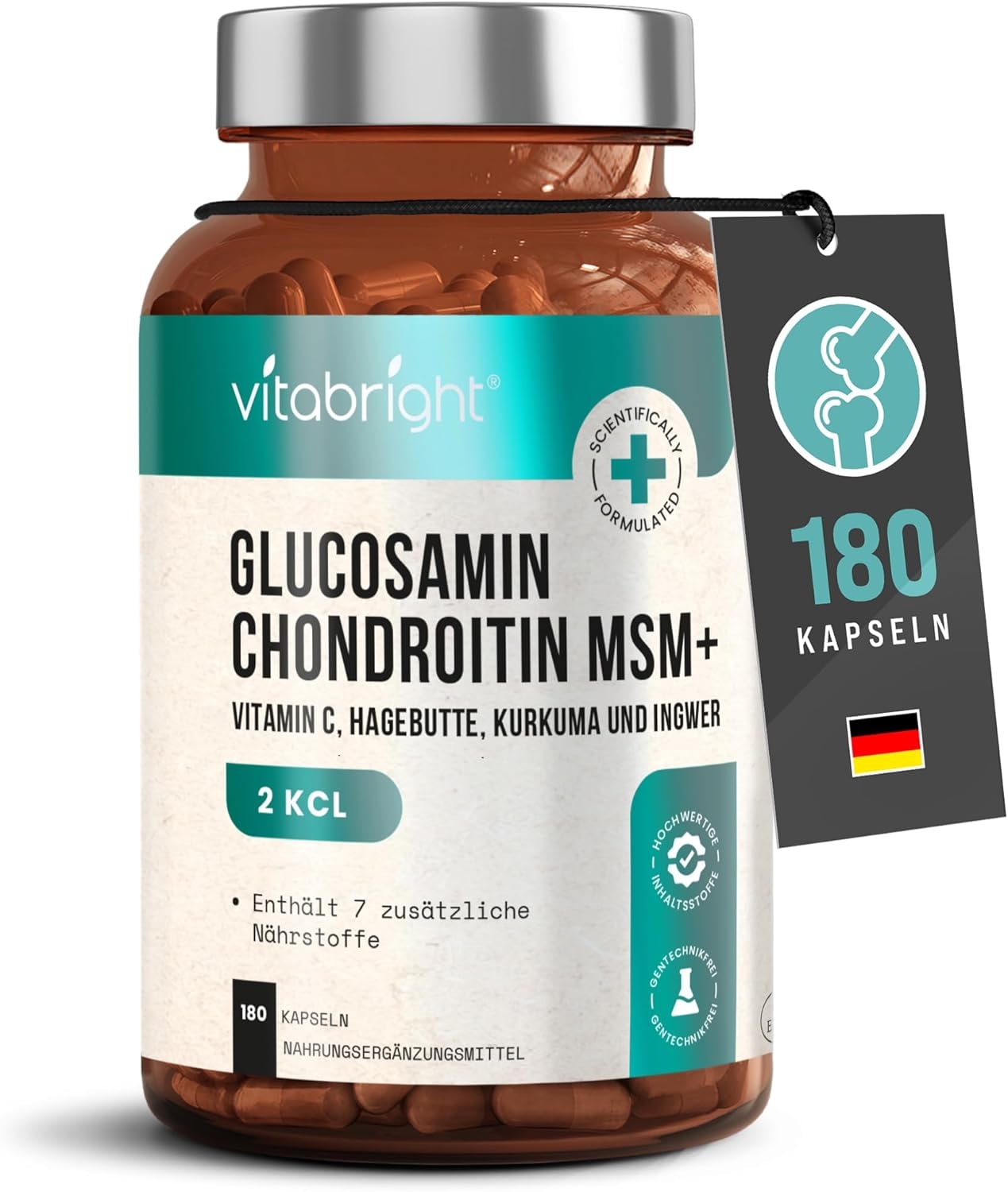 Produktbild von Bewertung VitaBright Glucosamin Chondroitin Hochdosiert 180 Gelenkkapseln Knorpelaufbau Gelenkskomplex mit Glucosaminsulfat, Kurkuma, Ingwer, Hagebutte MSM Glukosamin-Chondroitin Hochdosiert 3 Monate