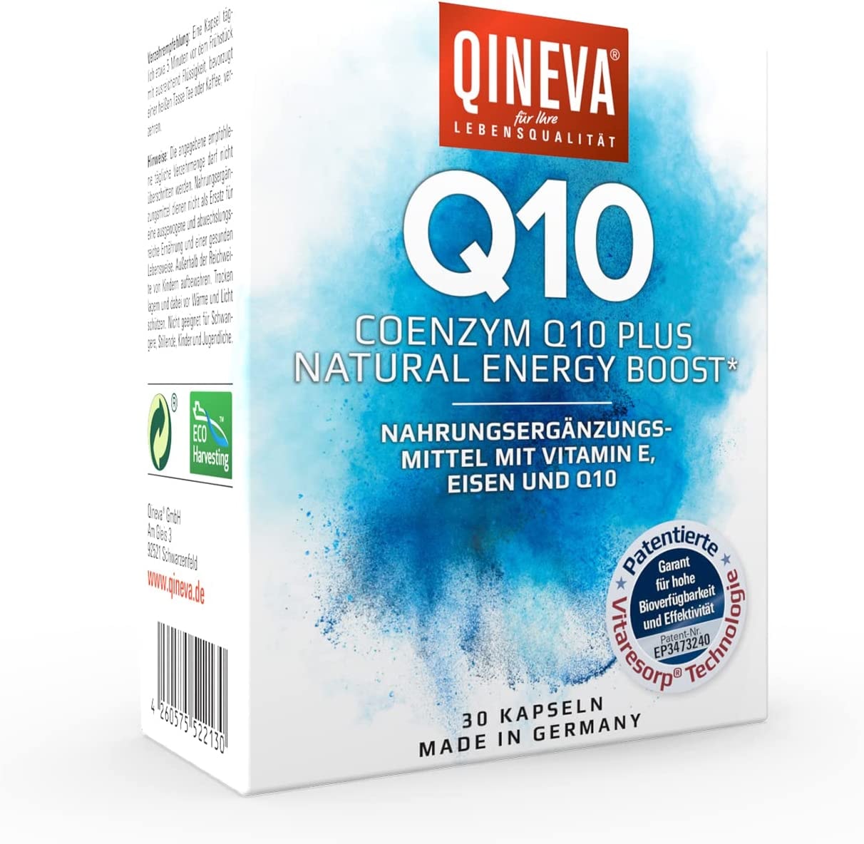 Produktbild von QINEVA - Eisen + Vitamin E + Coenzym Q10 30 Kapseln Plus Qineva – Ubiquinon Nahrungsergänzungsmittel mit Krillöl für Ihren Stoffwechsel – 1 Kapsel täglich