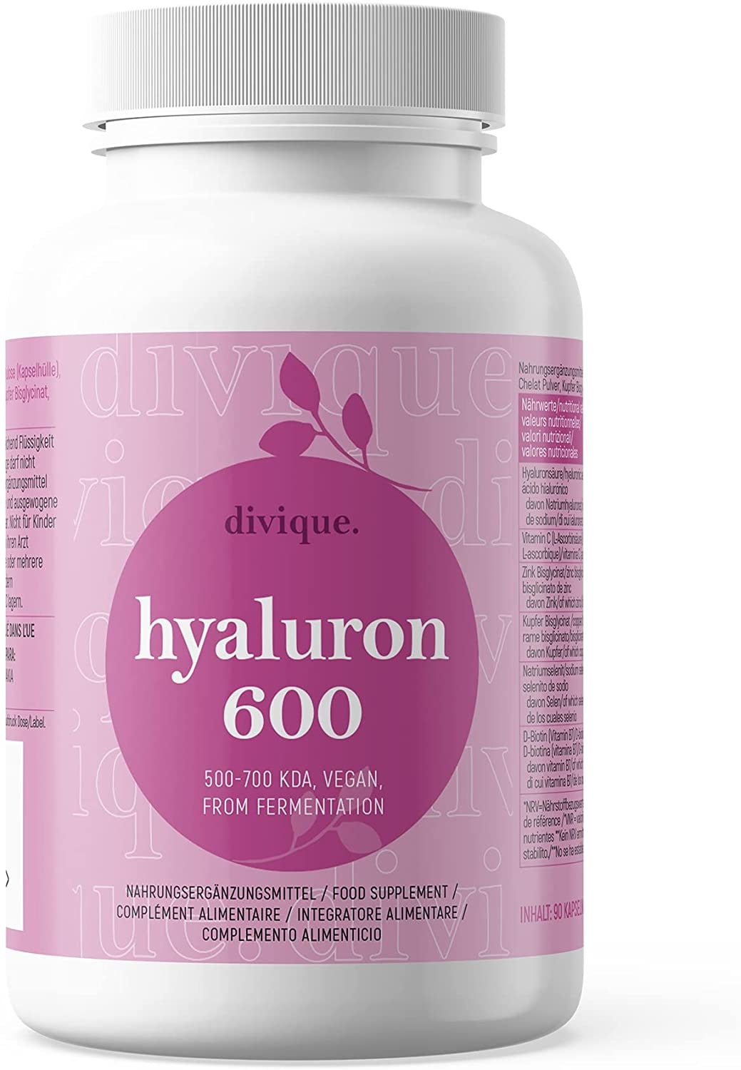 Produktbild von divique - Hyaluron Kapseln (90 Stk.) - Hyaluronsäure Kapseln hochdosiert mit 600mg Hyaluron (500-700 kDa) - mit Vitamin C, Zink, Kupfer, Selen u. Biotin - ohne unerwünschte Zusätze, Vegan, Laborgeprüft