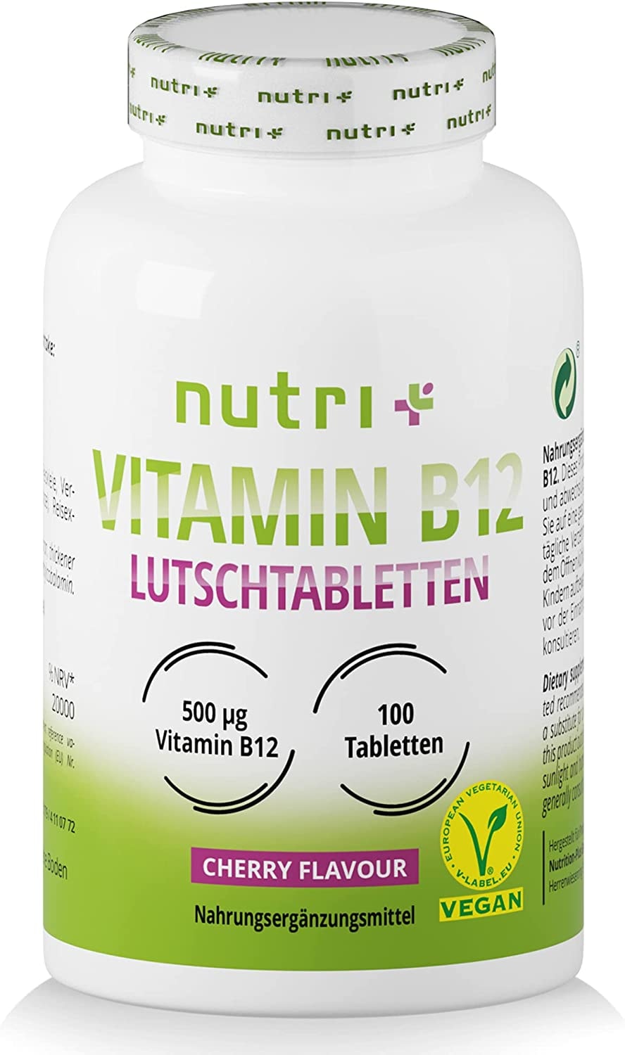 Produktbild von nutri + Vitamin B12 Lutschtabletten Vit B12 vegan & hochdosiert aktives Methylcobalamin ohne Laktose 500µg (mcg) - 100 vegane Tabletten zum Lutschen - Geschmack Kirsche