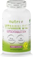 Produktbild von nutri + Vitamin B12 Lutschtabletten Vit B12 vegan & hochdosiert aktives Methylcobalamin ohne Laktose 500µg (mcg) - 100 vegane Tabletten zum Lutschen - Geschmack Kirsche