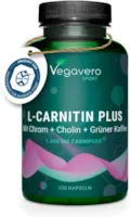 Produktbild von Bewertung Vegavero L-CARNITIN Komplex Carnipure Cholin Grüner Kaffee Chrom B-Vitamine Energie- & Fettstoffwechsel VEGAN Pre Workout Booster Ohne Zusatzstoffe 120 Kapseln Vegavero