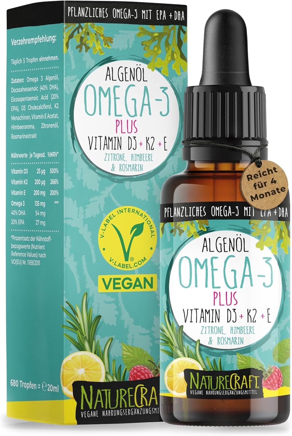Produktbild von ‎Bewertung NatureCraft Omega-3 Algenöl PLUS 40% DHA und 20% EPA mit Vitamin D3 Vitamin K2 Vitamin E Himbeere Zitrone und Rosmarinextrakt Vegan 20ml