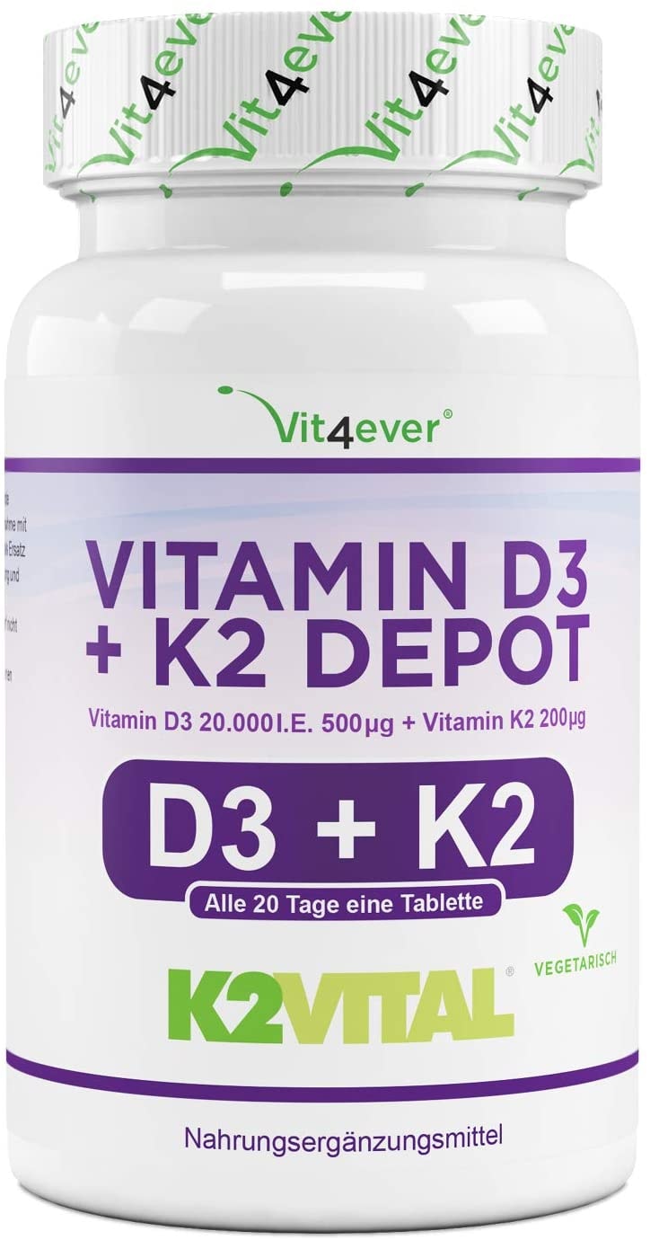 Produktbild von Vit4ever Vitamin D3 20.000 I.E + Vitamin K2 200 mcg Menaquinon MK7 Depot - 180 Tabletten - 99,7+% All-Trans - Laborgeprüft - Vegetarisch - Hochdosiert - Premium Qualität