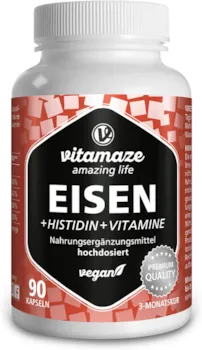 Vitamaze amazing life Eisen Kapseln hochdosiert & vegan, 20 mg mit Vital-Formel + Histidin + Vitamine für optimiale Bioverfügbarkeit, 90 Kapseln für 3 Monate, Natürliche Ergänzung ohne Zusätze, Made in Germany