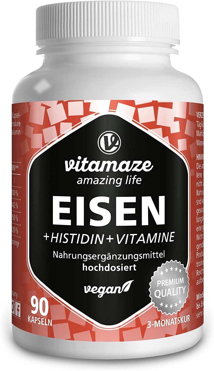 Produktbild von Bewertung Vitamaze amazing life Eisen Kapseln hochdosiert vegan 20 mg mit Vital-Formel Histidin Vitamine für optimiale Bioverfügbarkeit 90 Kapseln für 3 Monate, Natürliche Ergänzung ohne Zusätze Made in Germany
