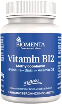 BIOMENTA Vitamin B12 hochdosiert – mit 500µg Methylcobalamin + Vitamin D3 + Biotin + Folsäure – vegan - 4 Monatskur - 120 Vitamin-B12-Lutschtabletten