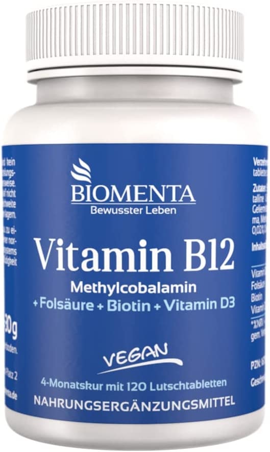 Produktbild von BIOMENTA Vitamin B12 hochdosiert – mit 500µg Methylcobalamin + Vitamin D3 + Biotin + Folsäure – vegan - 4 Monatskur - 120 Vitamin-B12-Lutschtabletten