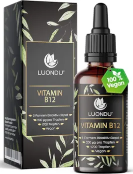 Luondu - Vitamin B12 Tropfen hochdosiert, Vegan & alkoholfrei 50ml 1700 Tropfen flüssig 3 Formen Aktiv + Depot (Adenosyl- & Methylcobalamin Hydroxocobalamin)