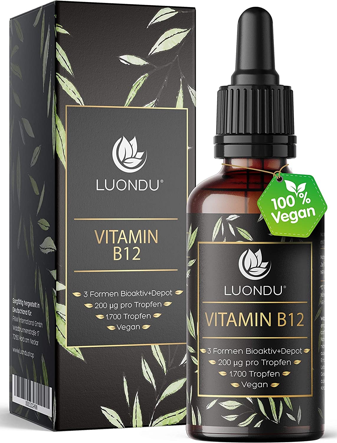 Produktbild von Luondu - Vitamin B12 Tropfen hochdosiert, Vegan & alkoholfrei 50ml 1700 Tropfen flüssig 3 Formen Aktiv + Depot (Adenosyl- & Methylcobalamin Hydroxocobalamin)