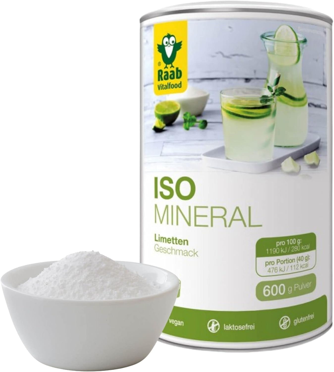 Produktbild von Bewertung Raab Vitalfood Iso Mineral Limette, isotonisches Getränk, Getränke-Pulver, leicht löslich, isotonisch, vegan, glutenfrei, mit Acerola 1er Pack (600 g Dose)