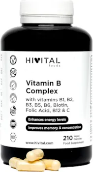 Hivital Foods - Vitamin B Komplex | 210 vegane Kapseln für 7 Monate | Vitamin B Komplex mit B1, B2, B3, B5, B6, B12, Biotin und Folsäure | Steigert das Energieniveau und verbessert Konzentration und Gedächtnis
