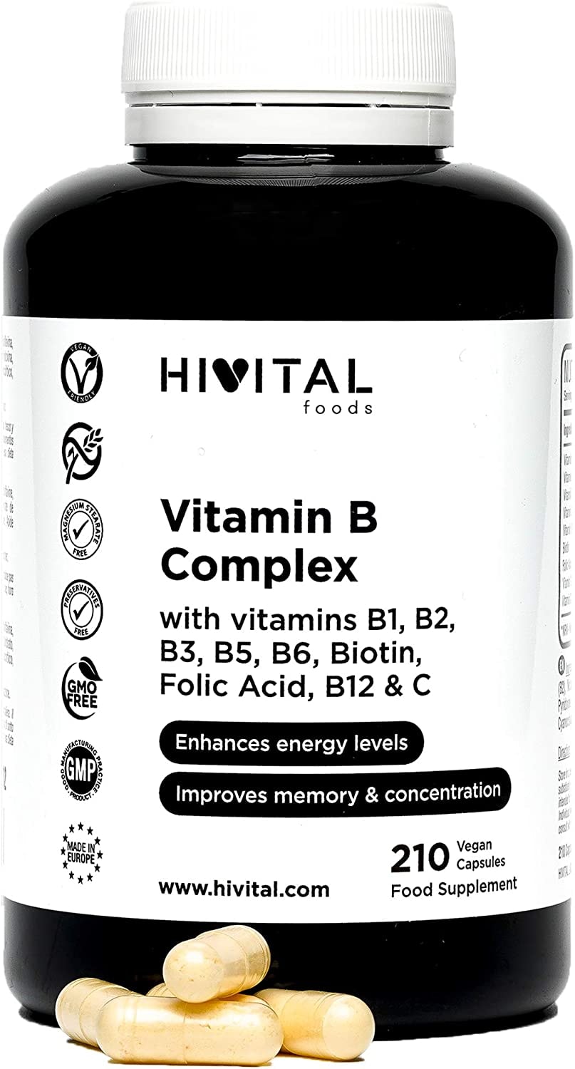 Produktbild von Hivital Foods - Vitamin B Komplex | 210 vegane Kapseln für 7 Monate | Vitamin B Komplex mit B1, B2, B3, B5, B6, B12, Biotin und Folsäure | Steigert das Energieniveau und verbessert Konzentration und Gedächtnis