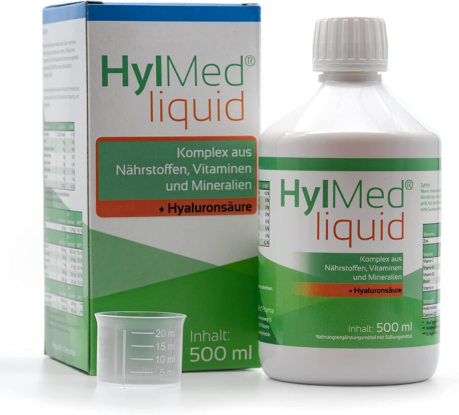 Produktbild von HylMed HA liquid hochdosierte Hyaluronsäure zum Trinken mit Aloe Vera, Q10, Zink, Vitaminen A, C, B2, B3, Biotin als 50-Tage-Kur liquid 500 ml