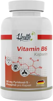 Produktbild von Zec+ Nutrition Health+ Vitamin B6 - 120 Kapseln mit 50mg P-5-P pro Kapsel, aktive Form von B6, für den Eiweißstoffwechsel und die Regulierung der Hormontätigkeit, Made in Germany