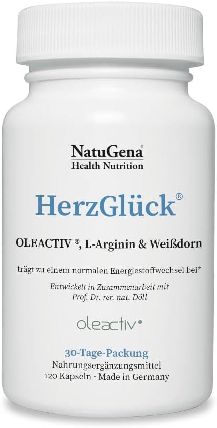 Produktbild von Bewertung NatuGena HerzGlück OLEACTIV L-Arginin Weißdorn Vitamin B6 B9 B12 120 Kapseln HPMC 30-Tage-Packung