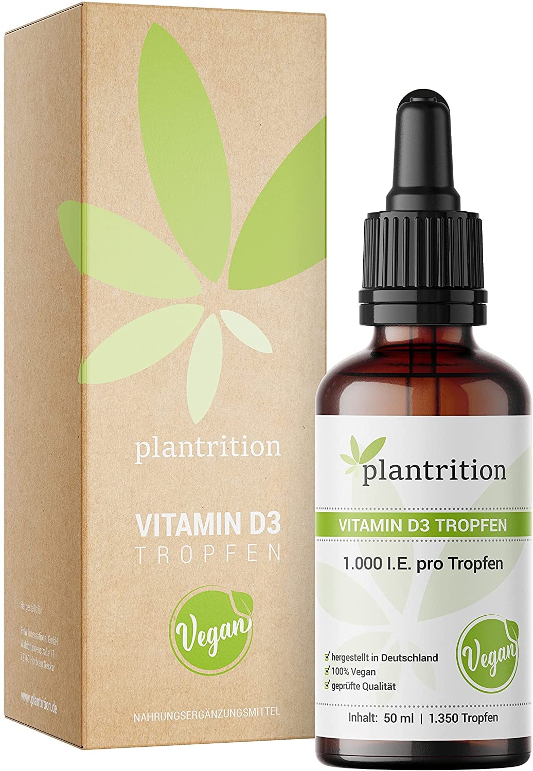 Produktbild von plantrition Vitamin D3 Tropfen aus Flechten (Cholecalciferol) Vegan 1000 I.E. pro Tropfen 1.350 Tropfen Vitamin D Öl - Vitamin D3 MCT Öl Kokosbasis Made in Germany - 1 Flasche (50ml)
