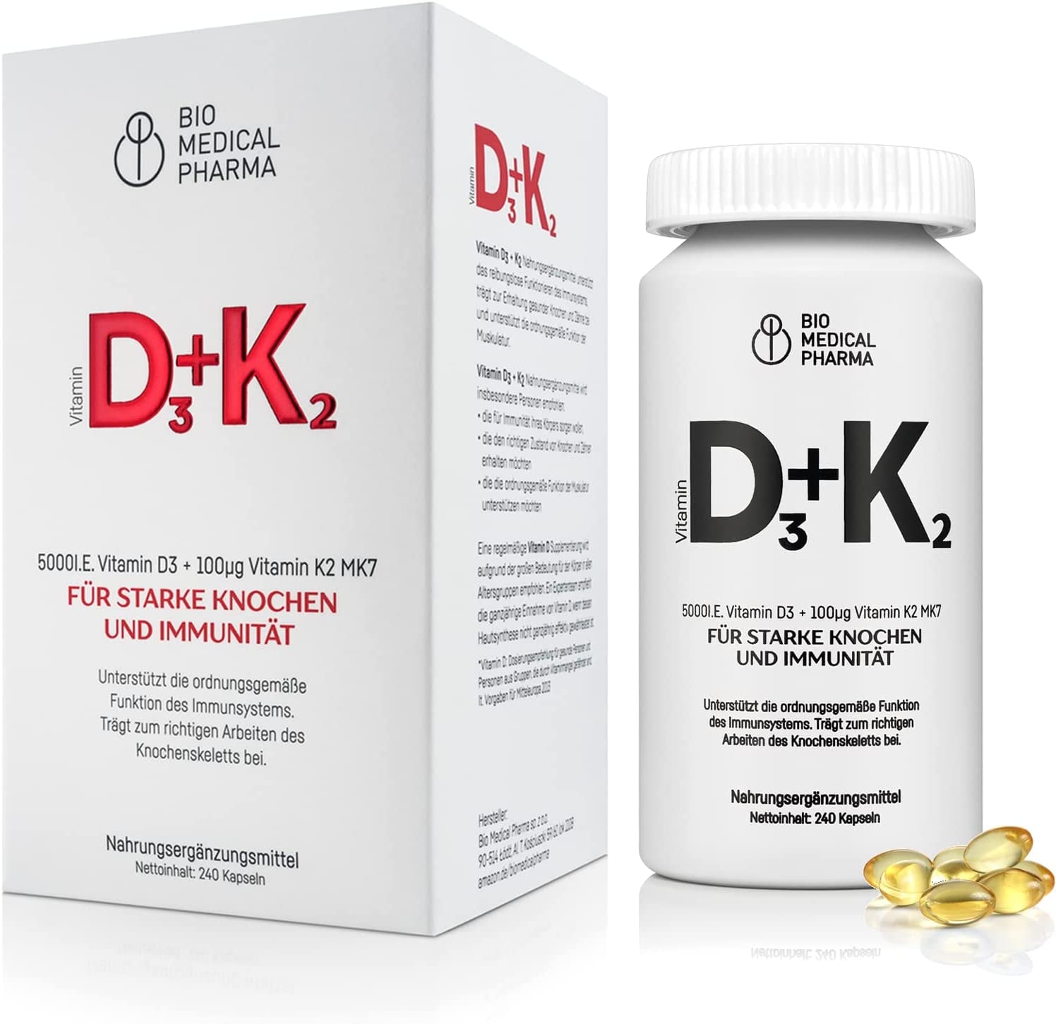 Produktbild von Bio Medical Vitamin D3 K2 MK-7 | 240 Kapseln | 5000 I.E. Vitamin D3 und 100mcg Vitamin K2 MK7 | hohe Bioverfügbarkeit von Vitamin D3 und K2 | 240 hochdosiert Softgel mit Leinöl | ohne unerwünschte Zusätze