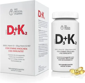 Produktbild von Bio Medical Vitamin D3 K2 MK-7 | 240 Kapseln | 5000 I.E. Vitamin D3 und 100mcg Vitamin K2 MK7 | hohe Bioverfügbarkeit von Vitamin D3 und K2 | 240 hochdosiert Softgel mit Leinöl | ohne unerwünschte Zusätze