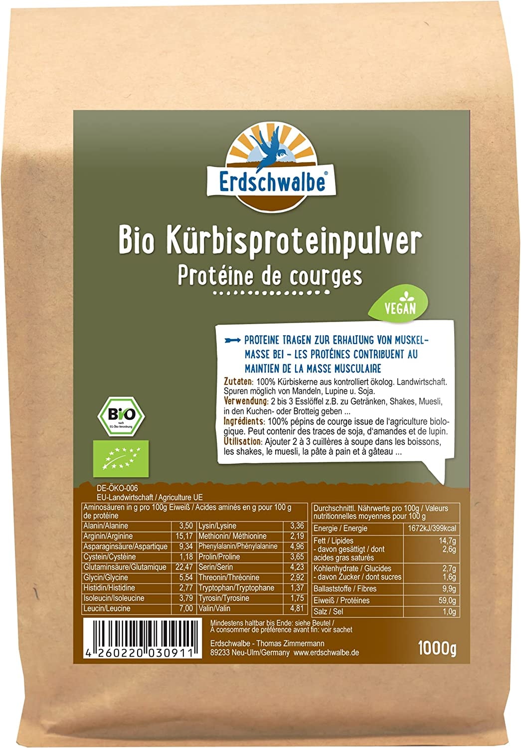 Produktbild von Bewertung Erdschwalbe Bio Kürbiskern Protein 58% Proteingehalt Veganes Eiweißpulver 1 Kg