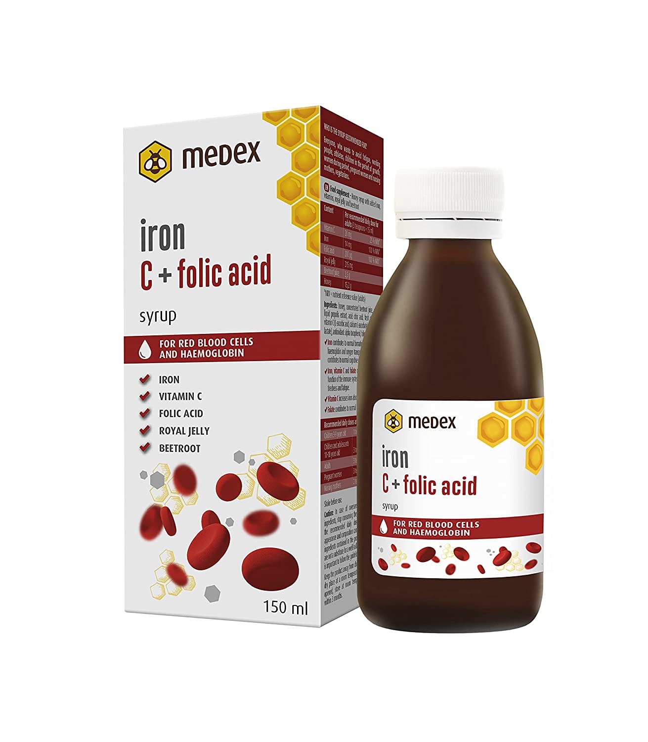 Produktbild von Medex Eisen C + Folsäure Sirup, 74 % honigbasiert - 142 g Honig in der Flasche, ausgezeichneter Geschmack, Vitamin C, Folsäure , Gelée Royale, Propolis, Rote Bete Saft, 150 ml