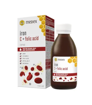 Produktbild von Medex Eisen C + Folsäure Sirup, 74 % honigbasiert - 142 g Honig in der Flasche, ausgezeichneter Geschmack, Vitamin C, Folsäure , Gelée Royale, Propolis, Rote Bete Saft, 150 ml