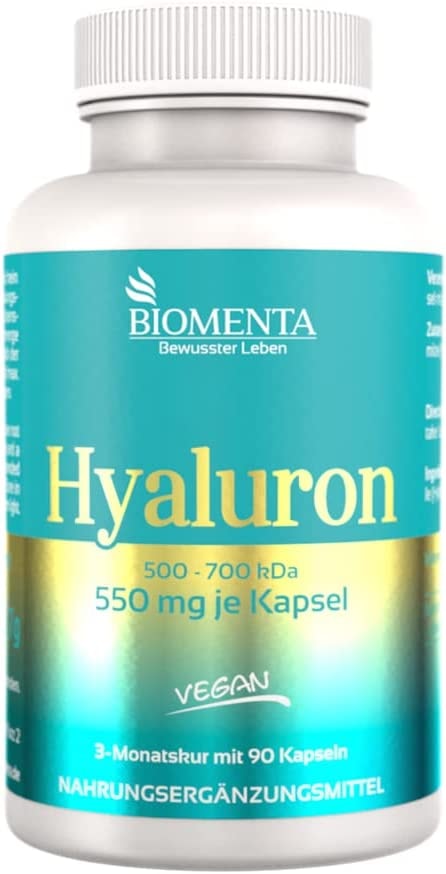 Produktbild von BIOMENTA Hyaluronsäure – 550 mg Hyaluron hochdosiert mit 500-700 kDa – vegan & ohne Trennmittel - 3 Monatskur - 90 Hyaluronsäurekapseln