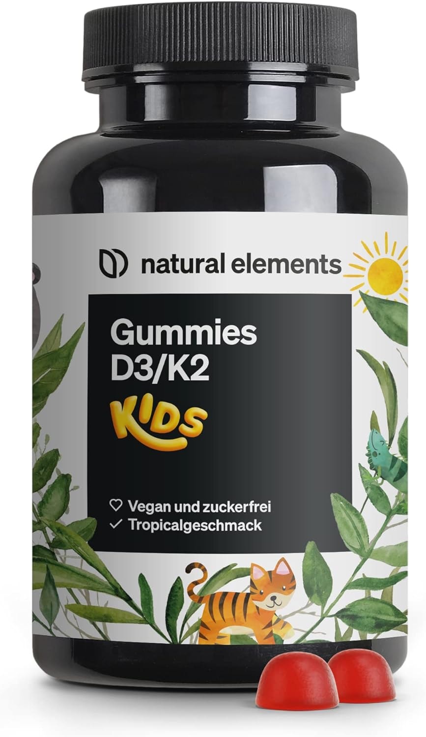 Produktbild von Bewertung natural elements Vitamin D3 K2 Gummies KIDS 120 fruchtige Gummies vegan zuckerfrei Tropicalgeschmack Markenrohstoff K2VITAL® optimale Dosierung für Kinder in Deutschland produziert laborgeprüft