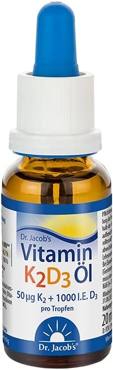 Produktbild von Bewertung Dr. Jacobs biozertifiziert Vitamin D3 Vitamin K2 Tropfen mit MCT Kokosöl 20ml Vitamin K2 als all-trans Menachinon-7 25µg Vitamin D3 1000 I.E. pro Tropfen 640 Portionen wichtig für Knochen Muskeln & Immunsystem