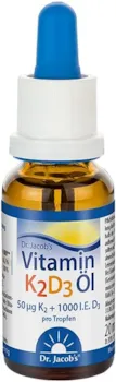 Produktbild von Bewertung Dr. Jacobs biozertifiziert Vitamin D3 Vitamin K2 Tropfen mit MCT Kokosöl 20ml Vitamin K2 als all-trans Menachinon-7 25µg Vitamin D3 1000 I.E. pro Tropfen 640 Portionen wichtig für Knochen Muskeln & Immunsystem