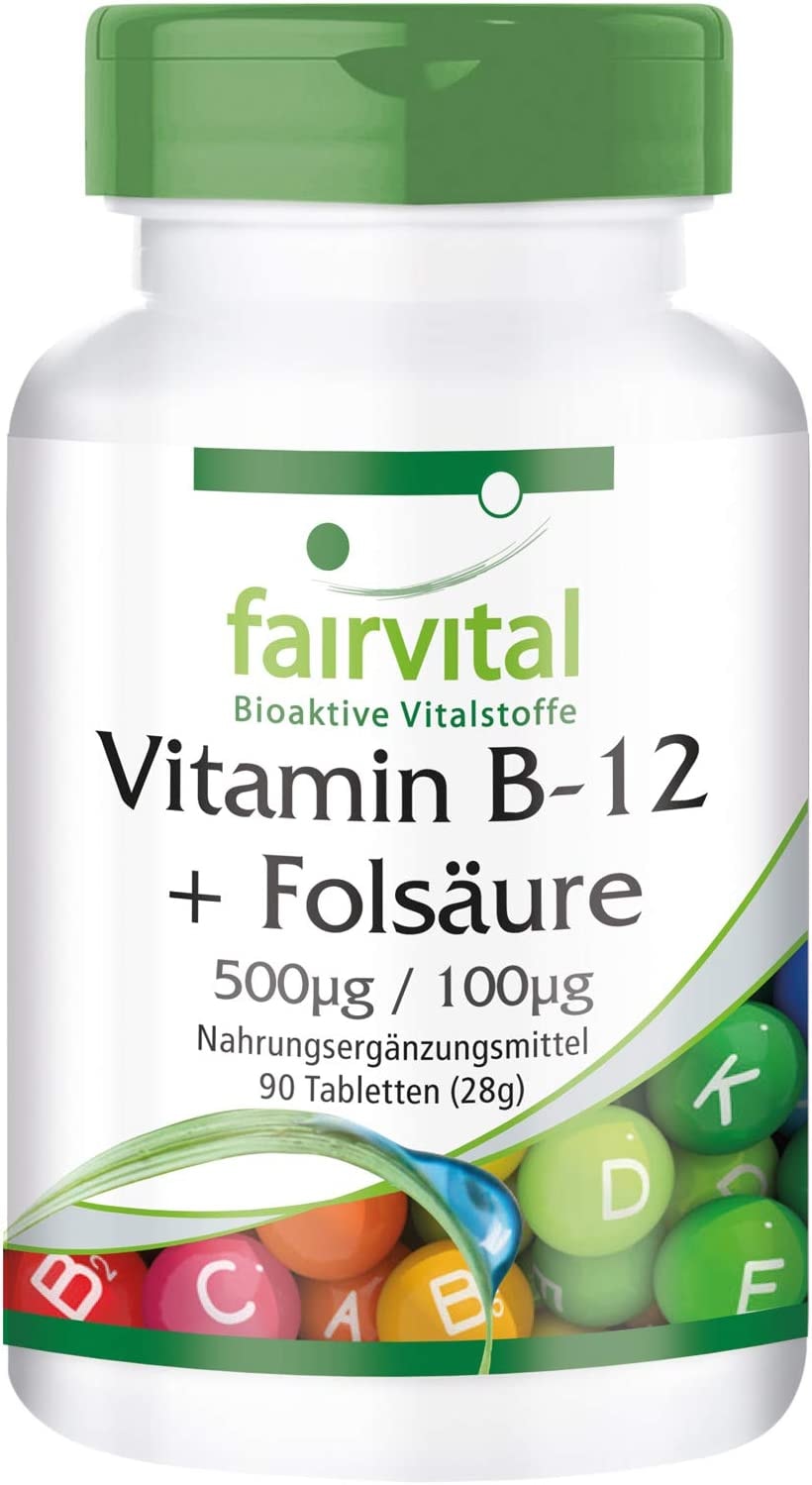Produktbild von Bewertung fairvital Vitamin B-12 Tabletten mit Folsäure HOCHDOSIERT mit 500µg Vitamin B12 und 100µg Folsäure pro Tablette - VEGAN - 90 Tabletten