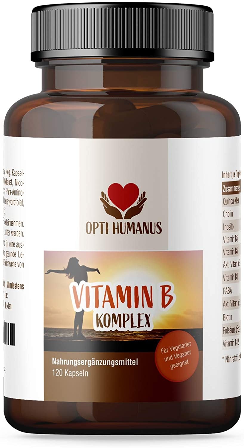 Produktbild von OPTI HUMANUS Vitamin B Komplex Hochdosiert, Bioaktive B Vitamine mit Co Faktoren, Höchst Bioverfügbar. Vitamin B1 B2 B3 B5 B6 B7 ( Biotin )B12,120 Kapseln, 4 Monats-Kur, Ohne künstliche Zusatzstoffe