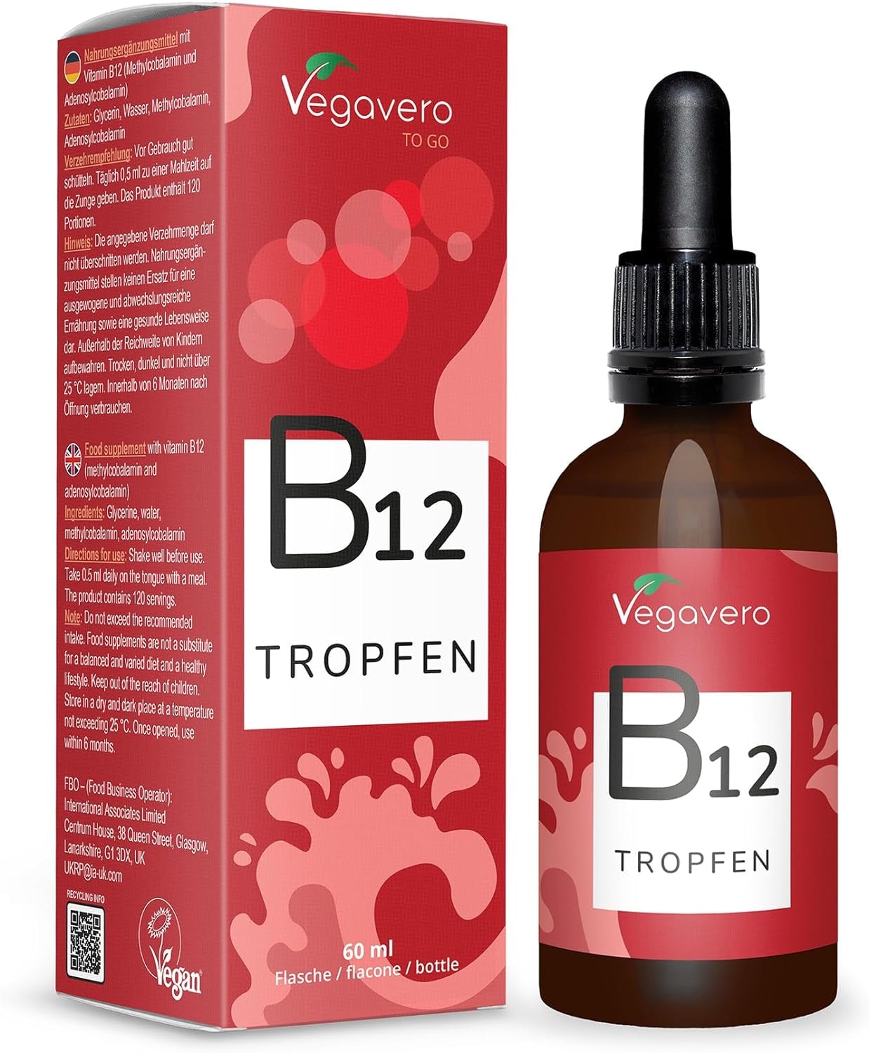 Produktbild von Bewertung Vegavero Vitamin B12 Tropfen 60ml ohne Alkohol Aktivformen 80% Methyl- und 20% Adenosylcobalamin 500 µg B12 flüssig