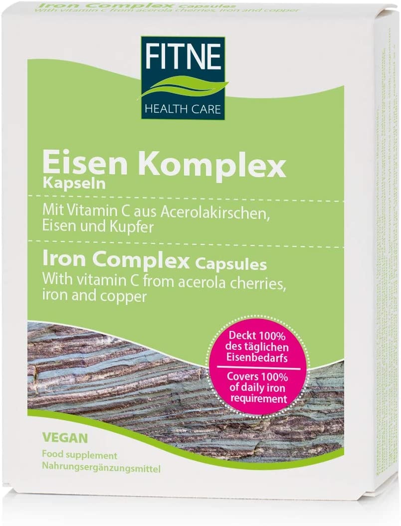 Produktbild von FITNE Health Care Eisen Komplex, mit Vitamin C aus Acerolakirschen, Eisen und Kupfer, Eisenversorgung für Blutbildung und Leistungsfähigkeit, vegan (30 Kapseln)