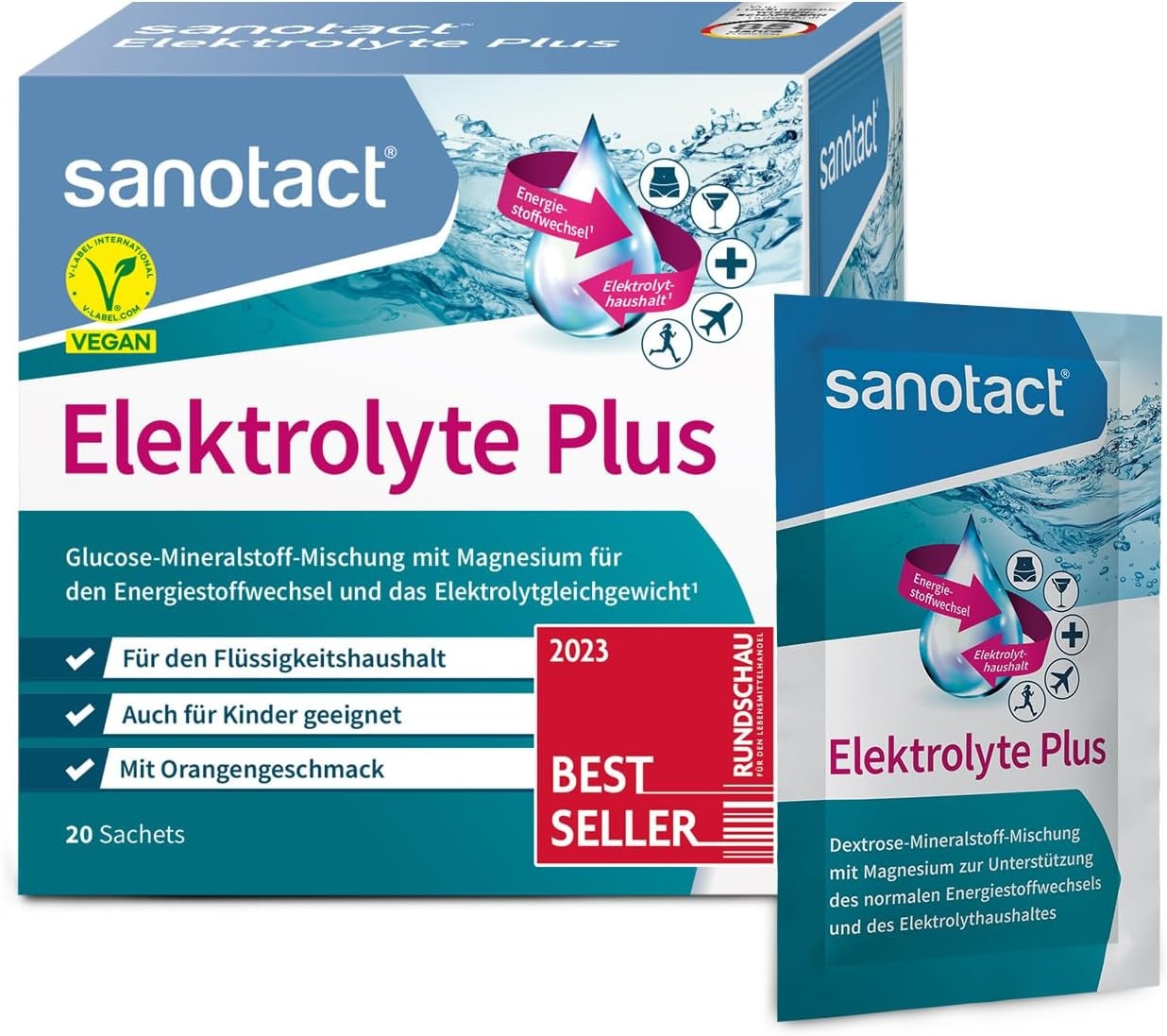 Produktbild von Bewertung sanotact Elektrolyte Plus 20 Beutel Elektrolyt Pulver für Flüssigkeitshaushalt Kalium & Magnesium für Elektrolytgleichgewicht 100% Vegan Recovery Drink Mit Orangengeschmack