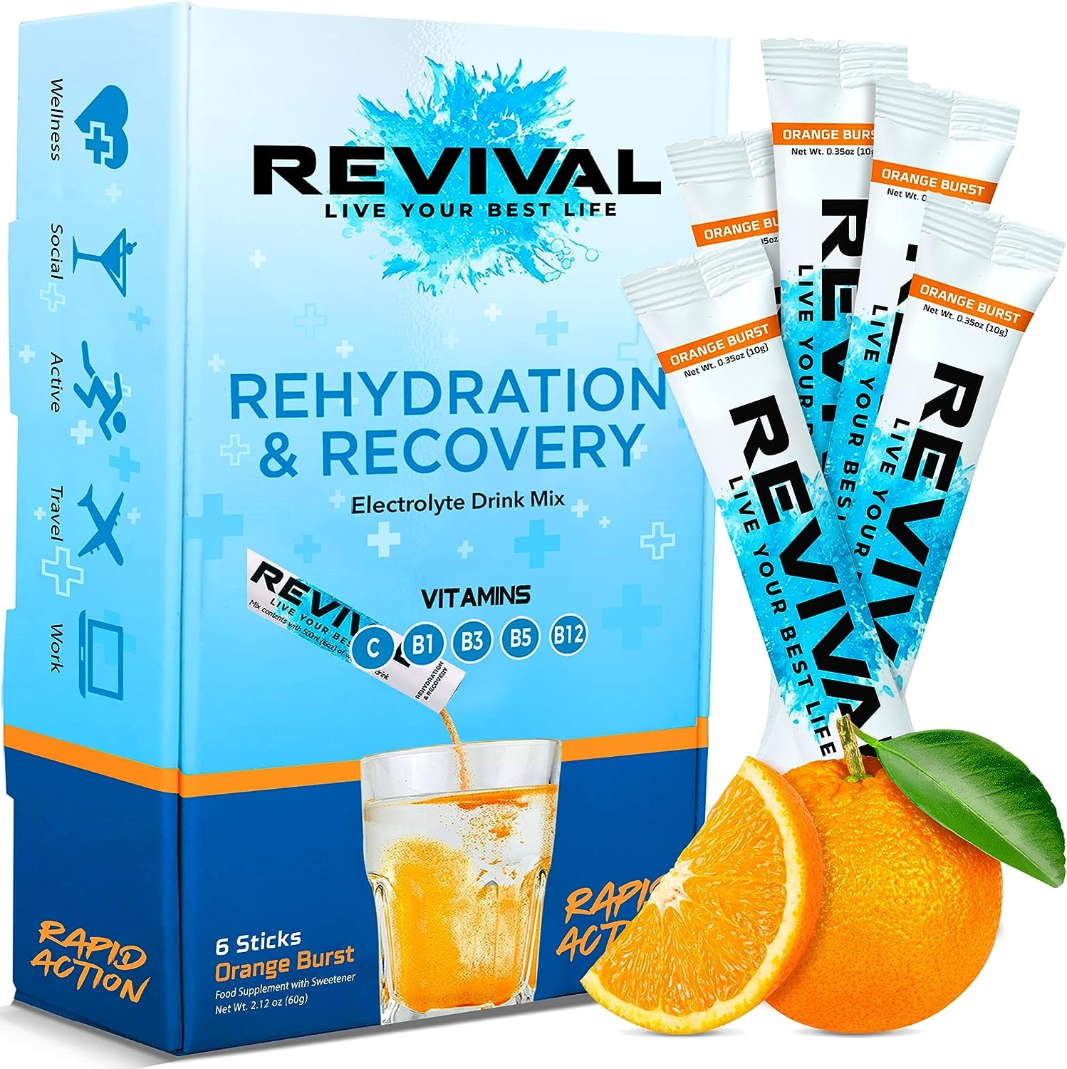 Produktbild von Bewertung Revival Shots Isotonisches Getränkepulver Elektrolyte Trinken - Hydrate Iso Drink, Elektrolyt Pulver Sportgetränk - Orange 6 Sticks