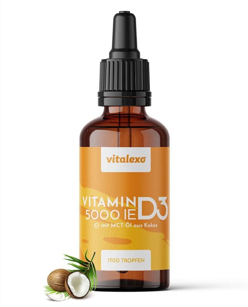 Produktbild von vitalexo Vitamin D3 Tropfen 5.000 I.E. je Tropfen Laborgeprüft Hochdosiert 1700 Tropfen pro Flasche (50 ml) Hohe Bioverfügbarkeit MCT-Öl aus Kokos ohne Zusatzstoffe