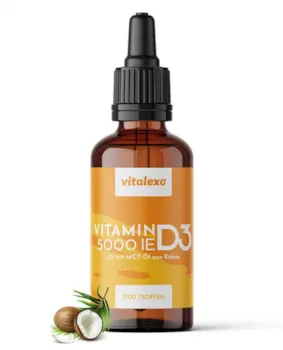 Produktbild von vitalexo Vitamin D3 Tropfen 5.000 I.E. je Tropfen Laborgeprüft Hochdosiert 1700 Tropfen pro Flasche (50 ml) Hohe Bioverfügbarkeit MCT-Öl aus Kokos ohne Zusatzstoffe