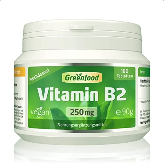 Produktbild von Greenfood Vitamin B2 (Riboflavin), 250 mg, hochdosiert, 180 Tabletten - Für Energiestoffweechsel, Haut, Sehkraft und Nerven. OHNE künstliche Zusätze. Ohne Gentechnik. Vegan.
