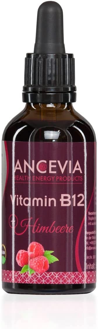 ANCEVIA® Vitamin B12 Tropfen mit Himbeere Geschmack (1000ug) - 50ml (1700 Tropfen) - Beide Aktivformen (Methyl- & Adenosylcobalamin) - Ohne Alkohol, vegan