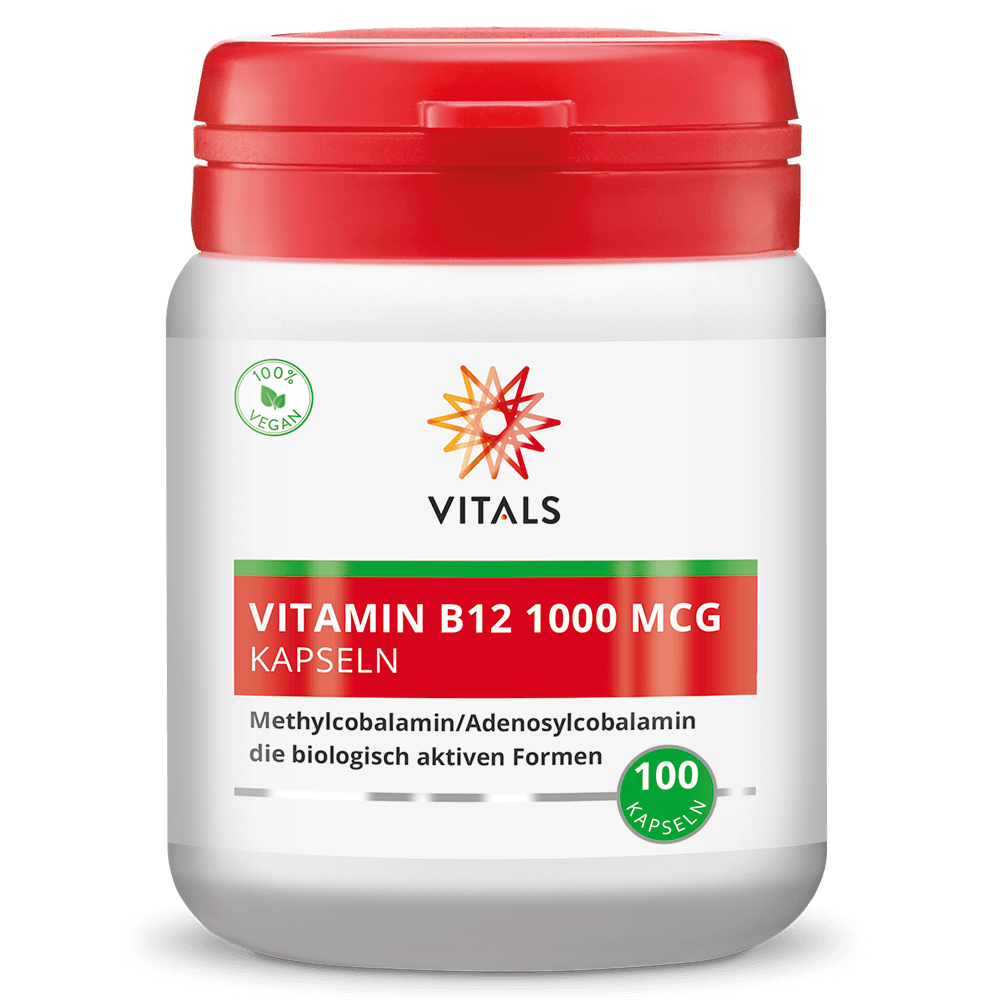 Produktbild von Bewertung VITALS VITAMIN B12 1000 MCG Kapseln METHYL- UND ADENOSYLCOBALAMIN BIOLOGISCH AKTIVE FORMEN Zellteilung Blutbildung Energiestoffwechsel Homocystein-Stoffwechsel Immunsystem Psyche Müdigkeit Nervensystem Artikelnummer V2917